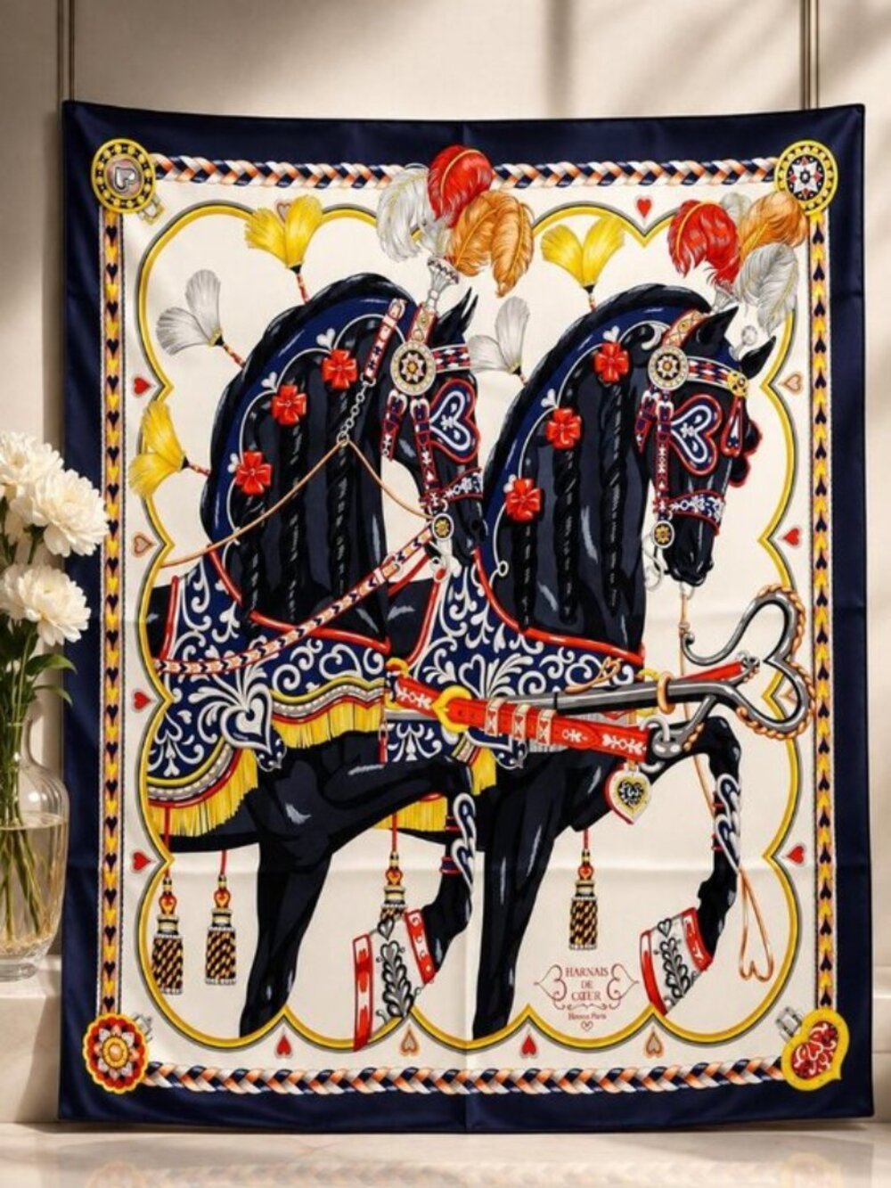 Hermès Harnais de Cœur Carré 90 Silk Scarf Navy Multicolor Authentic France